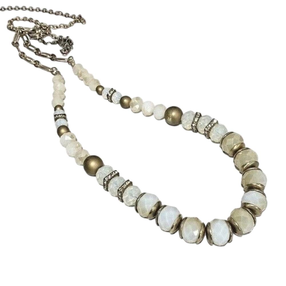Artisan look beaded necklace milky white opalescent faceted beads & gold spacers